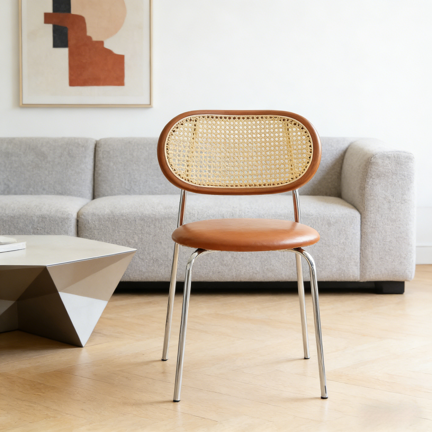 Mid-Century Rattan Solid Wood Backrest Chair