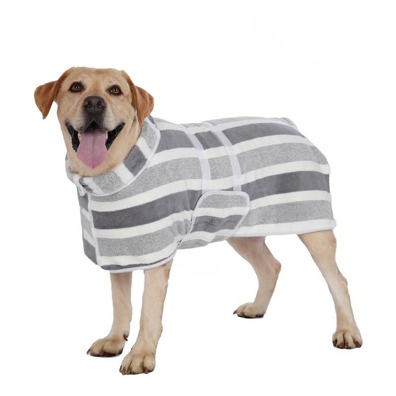 🐾 Quick Drying Dog Bathrobe | Soft Striped Pet Robe with Adjustable Belly Band