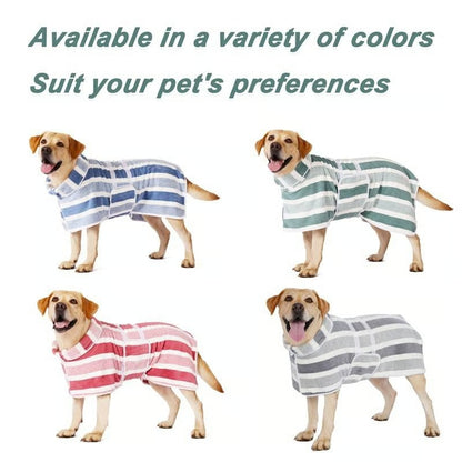 🐾 Quick Drying Dog Bathrobe | Soft Striped Pet Robe with Adjustable Belly Band